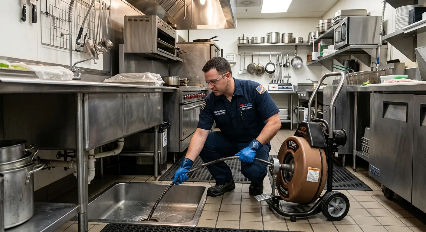 Commercial drain cleaning service in a restaurant kitchen in Northridge