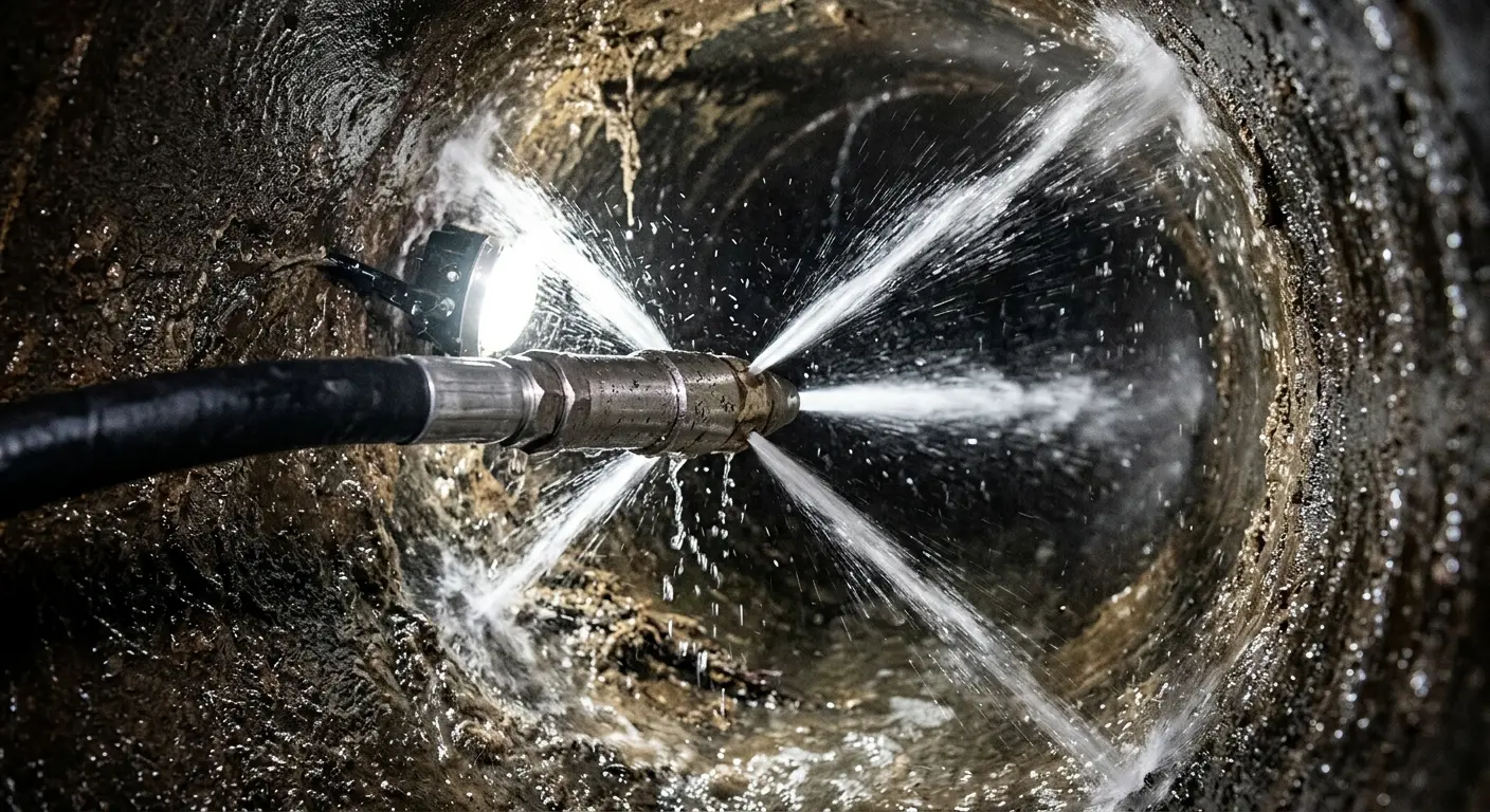 High-pressure hydro jetting nozzle cleaning sewer pipe for Emergency Drain Service in Northridge