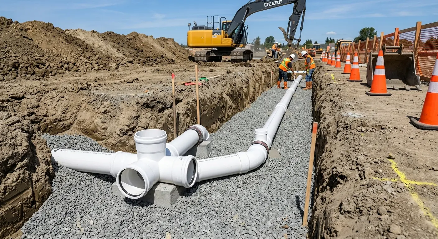 New PVC sewer pipe installation in open trench for Sewer Camera Inspection in Northridge