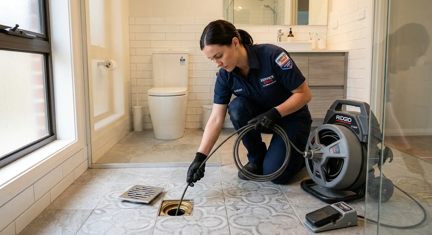 Technician clearing a bathroom floor drain for Sewer Line Installation in Northridge